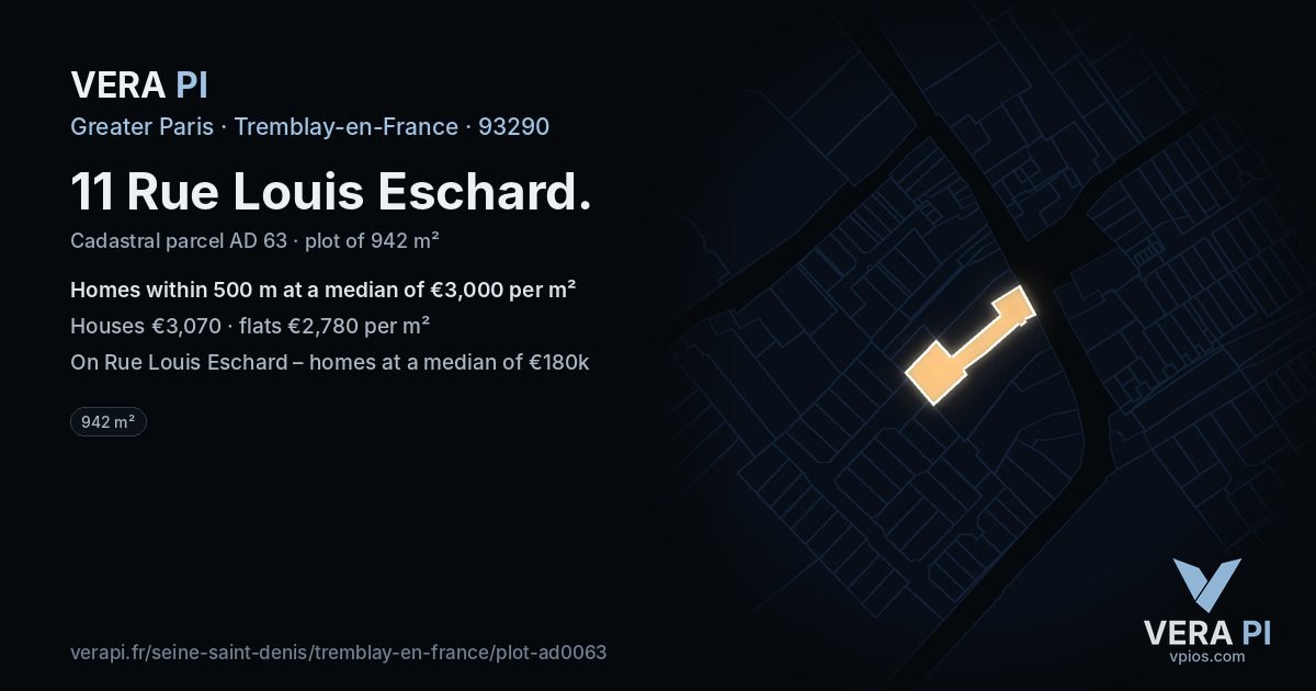 11 Rue Louis Eschard, Tremblay-en-France at night – the plot lit, the parcels around coloured by the prices near them