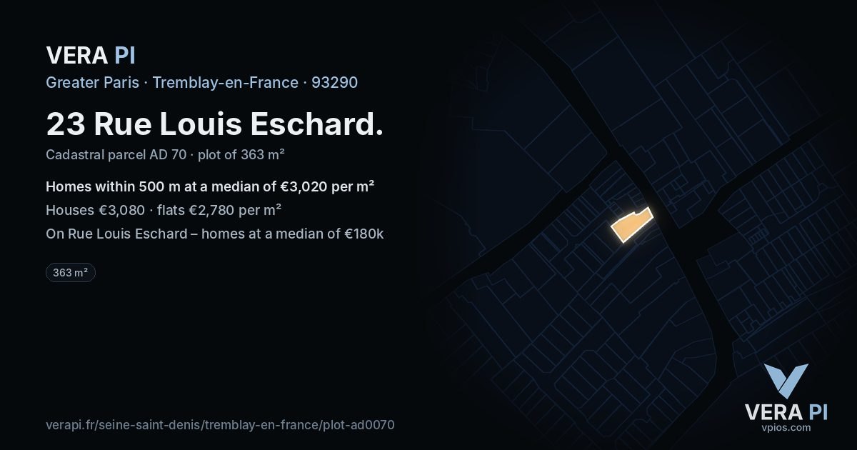 23 Rue Louis Eschard, Tremblay-en-France at night – the plot lit, the parcels around coloured by the prices near them