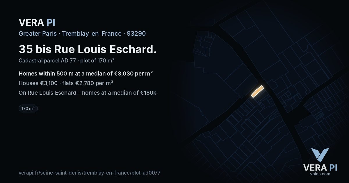 35 bis Rue Louis Eschard, Tremblay-en-France at night – the plot lit, the parcels around coloured by the prices near them