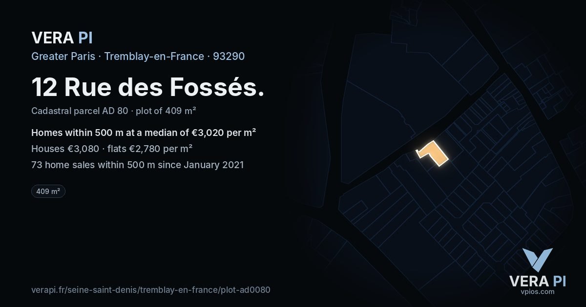 12 Rue des Fossés, Tremblay-en-France at night – the plot lit, the parcels around coloured by the prices near them