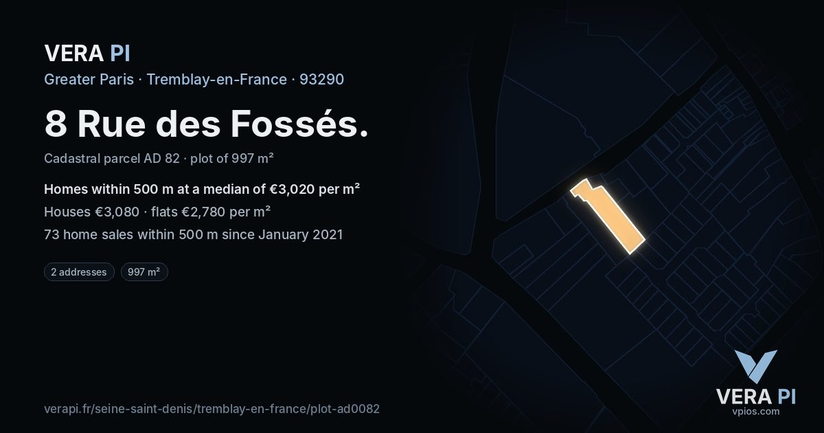 8 Rue des Fossés, Tremblay-en-France at night – the plot lit, the parcels around coloured by the prices near them