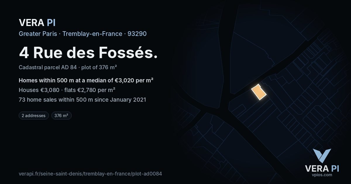 4 Rue des Fossés, Tremblay-en-France at night – the plot lit, the parcels around coloured by the prices near them