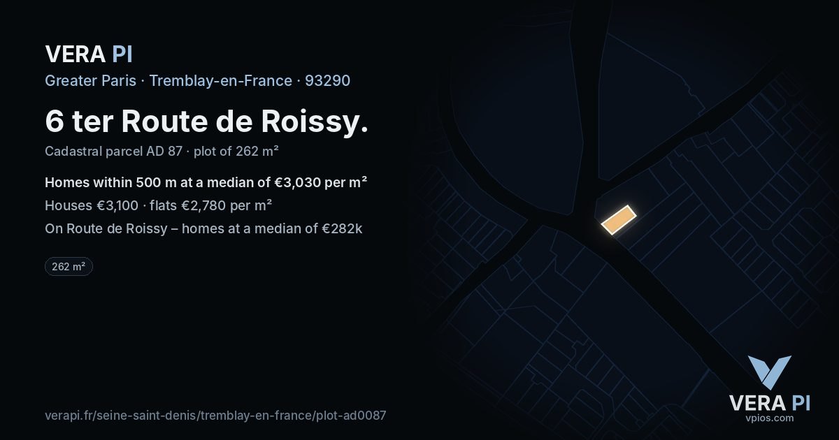 6 ter Route de Roissy, Tremblay-en-France at night – the plot lit, the parcels around coloured by the prices near them