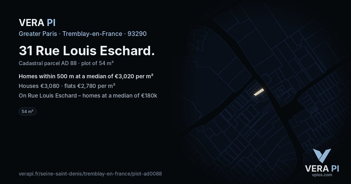 31 Rue Louis Eschard, Tremblay-en-France at night – the plot lit, the parcels around coloured by the prices near them