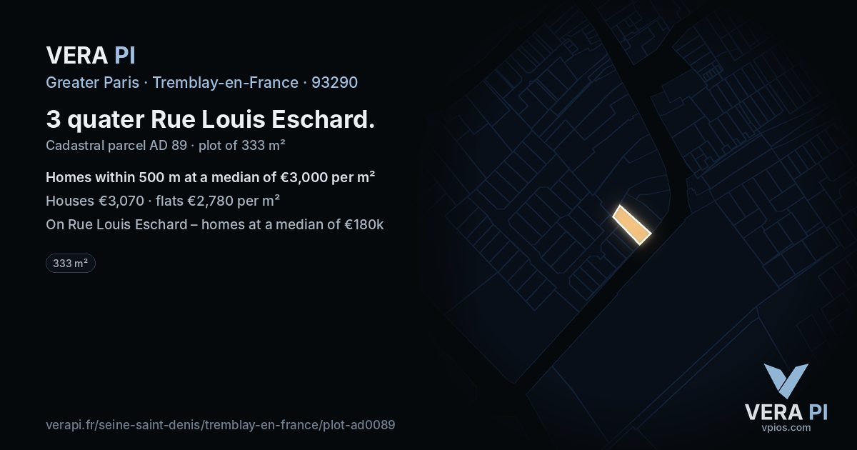 3 quater Rue Louis Eschard, Tremblay-en-France at night – the plot lit, the parcels around coloured by the prices near them