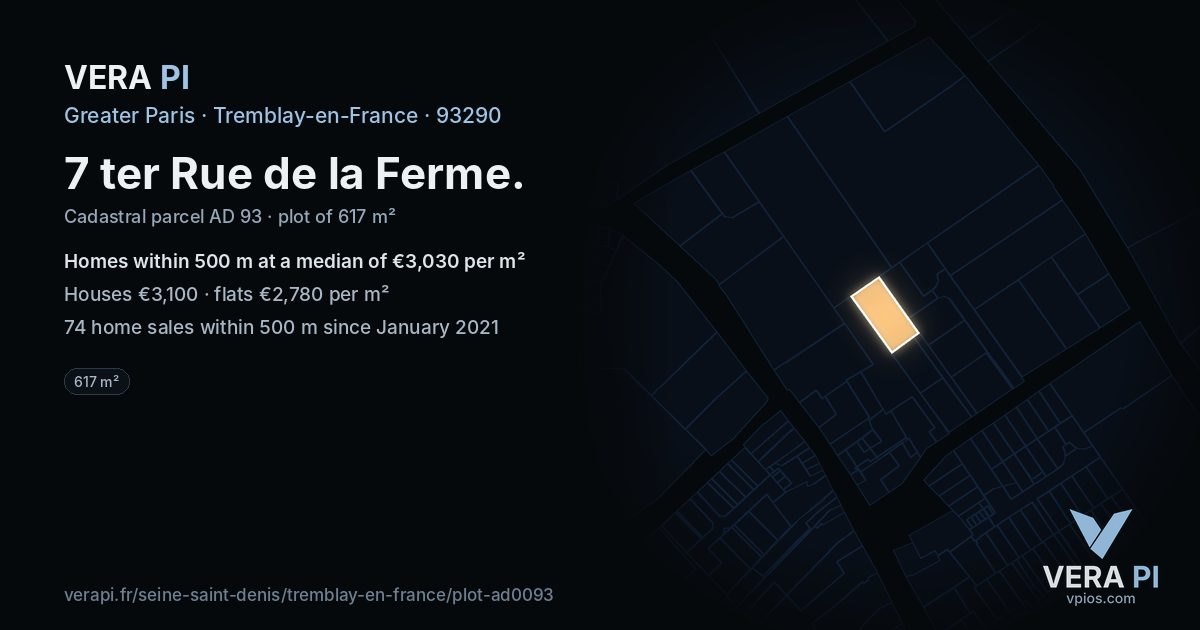 7 ter Rue de la Ferme, Tremblay-en-France at night – the plot lit, the parcels around coloured by the prices near them