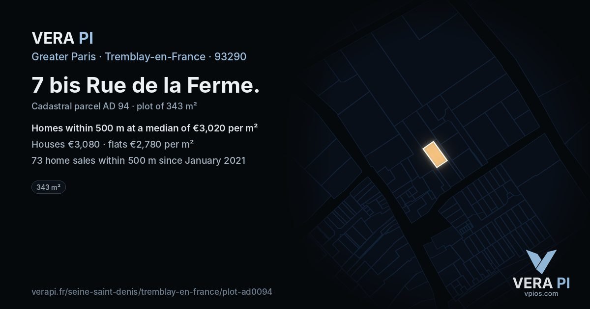 7 bis Rue de la Ferme, Tremblay-en-France at night – the plot lit, the parcels around coloured by the prices near them