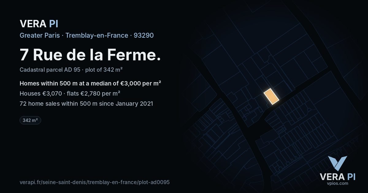 7 Rue de la Ferme, Tremblay-en-France at night – the plot lit, the parcels around coloured by the prices near them