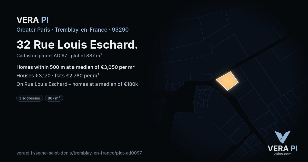 32 Rue Louis Eschard, Tremblay-en-France at night – the plot lit, the parcels around coloured by the prices near them
