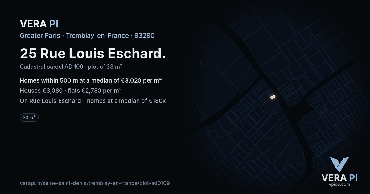 25 Rue Louis Eschard, Tremblay-en-France at night – the plot lit, the parcels around coloured by the prices near them