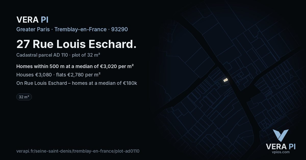 27 Rue Louis Eschard, Tremblay-en-France at night – the plot lit, the parcels around coloured by the prices near them