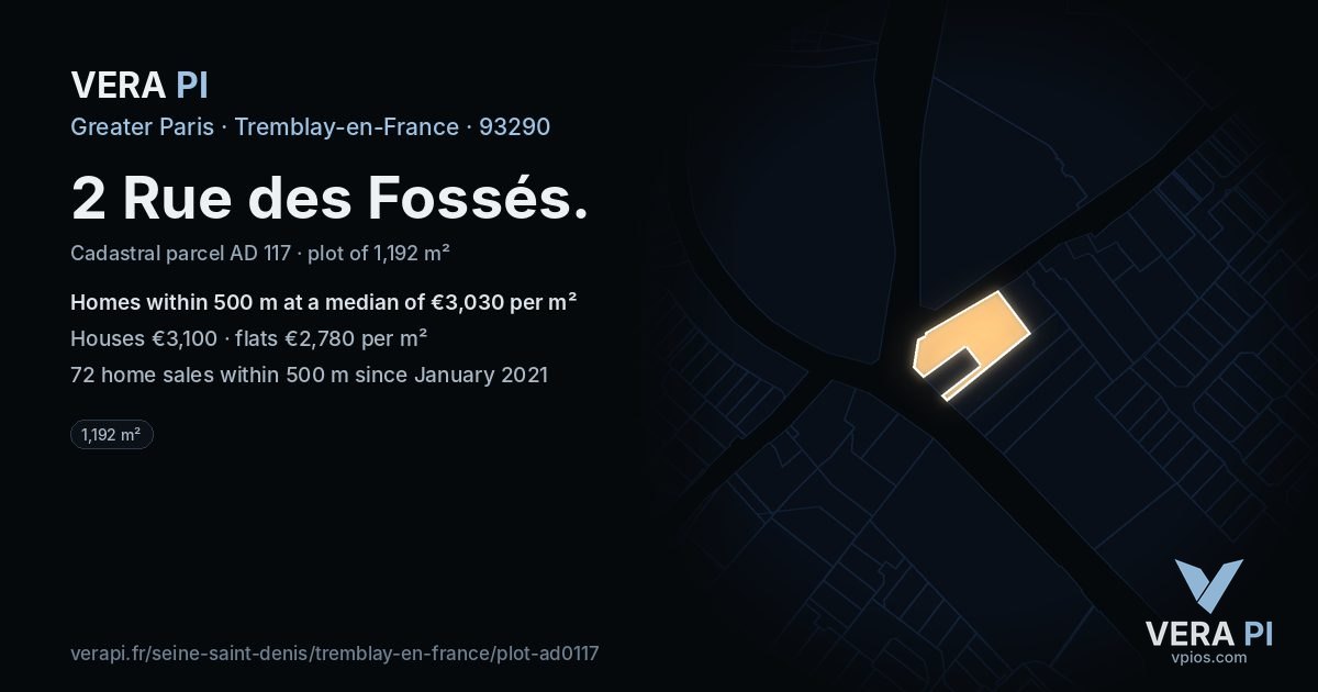 2 Rue des Fossés, Tremblay-en-France at night – the plot lit, the parcels around coloured by the prices near them