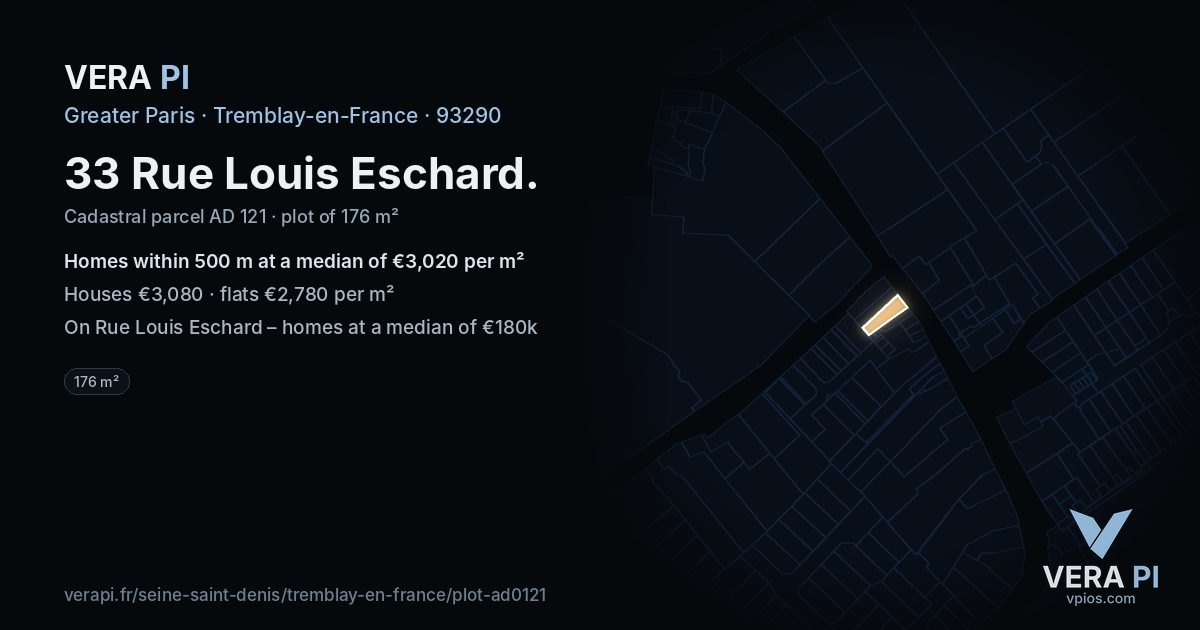 33 Rue Louis Eschard, Tremblay-en-France at night – the plot lit, the parcels around coloured by the prices near them