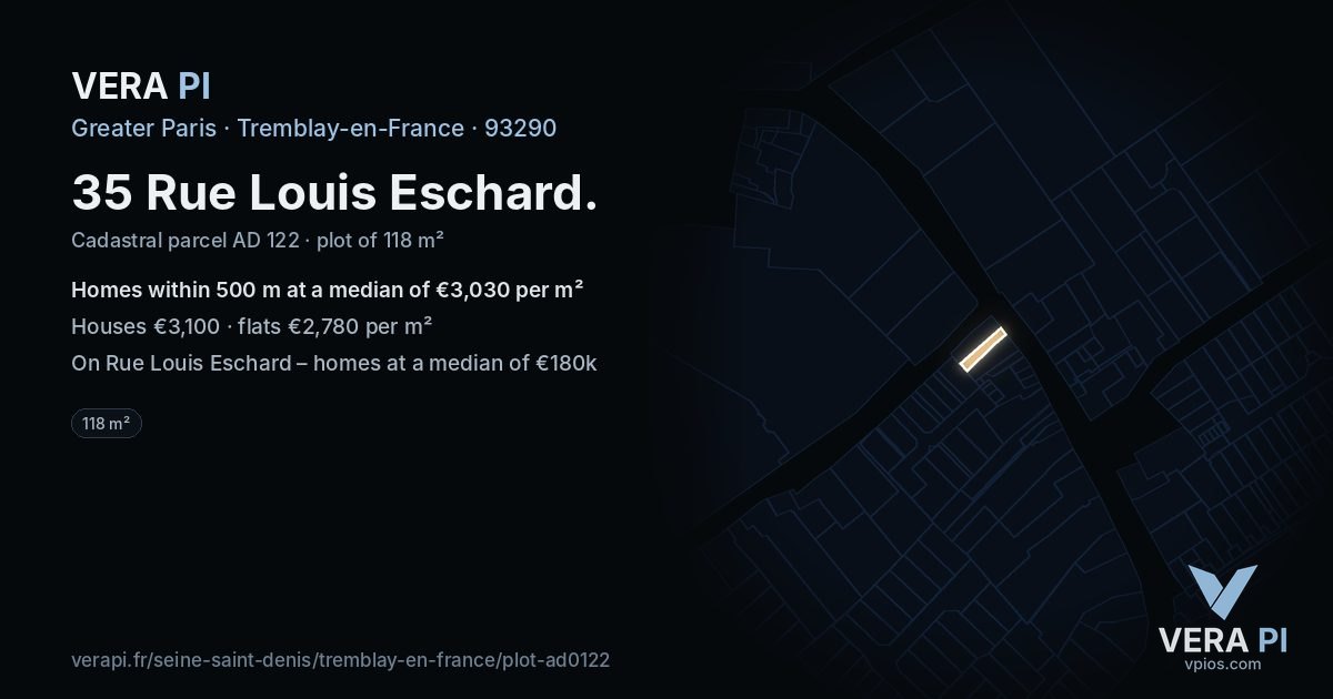 35 Rue Louis Eschard, Tremblay-en-France at night – the plot lit, the parcels around coloured by the prices near them