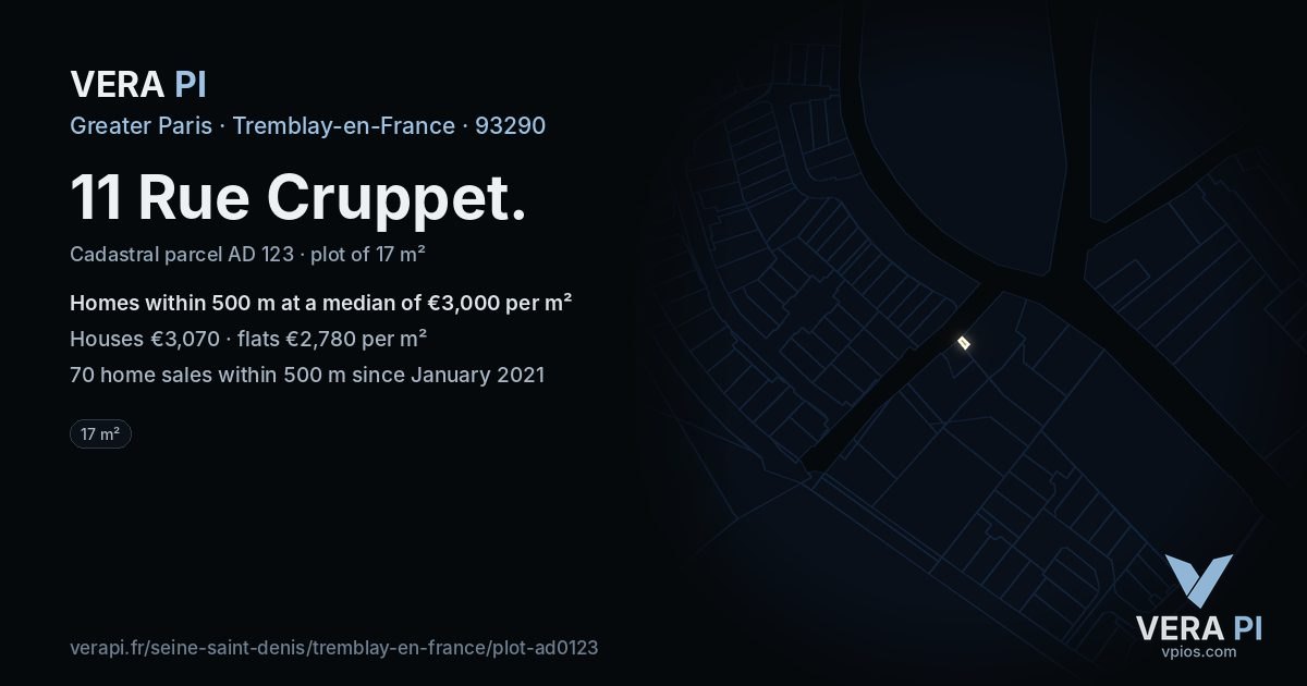 11 Rue Cruppet, Tremblay-en-France at night – the plot lit, the parcels around coloured by the prices near them