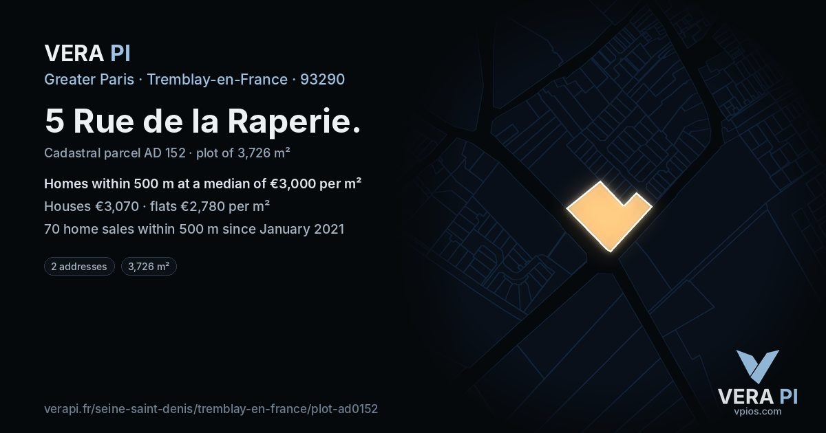 5 Rue de la Raperie, Tremblay-en-France at night – the plot lit, the parcels around coloured by the prices near them