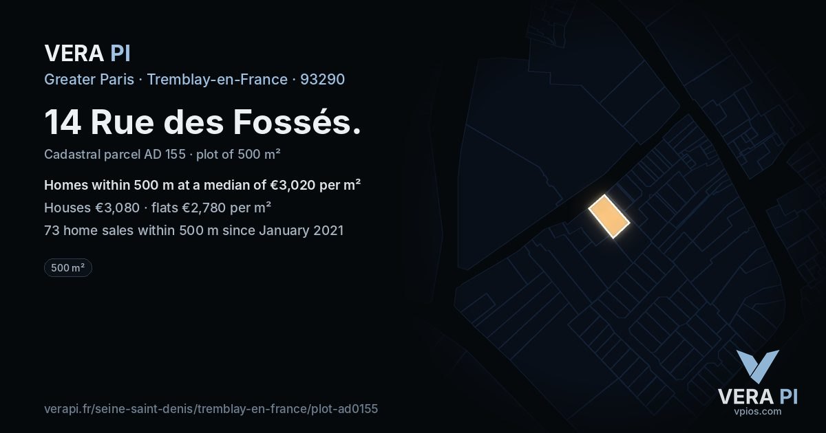 14 Rue des Fossés, Tremblay-en-France at night – the plot lit, the parcels around coloured by the prices near them