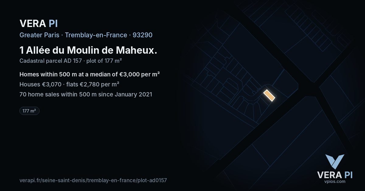 1 Allée du Moulin de Maheux, Tremblay-en-France at night – the plot lit, the parcels around coloured by the prices near them