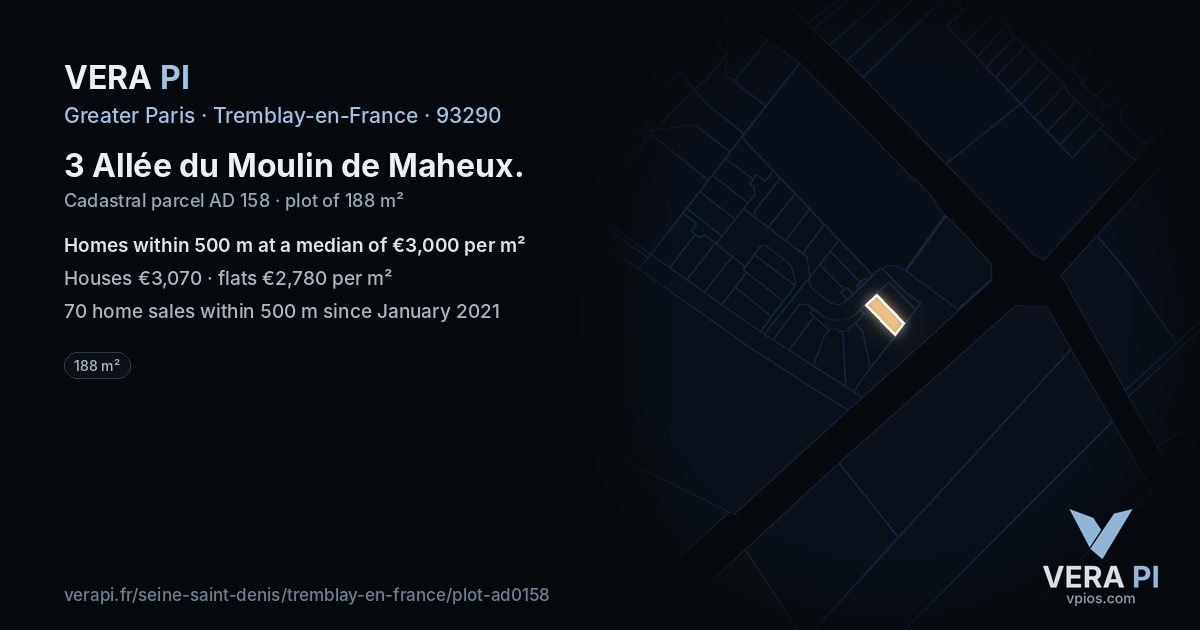3 Allée du Moulin de Maheux, Tremblay-en-France at night – the plot lit, the parcels around coloured by the prices near them