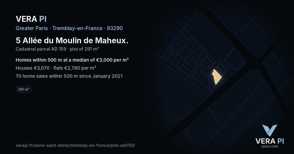 5 Allée du Moulin de Maheux, Tremblay-en-France at night – the plot lit, the parcels around coloured by the prices near them