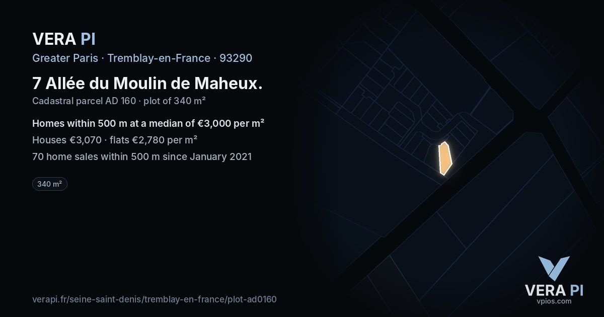 7 Allée du Moulin de Maheux, Tremblay-en-France at night – the plot lit, the parcels around coloured by the prices near them