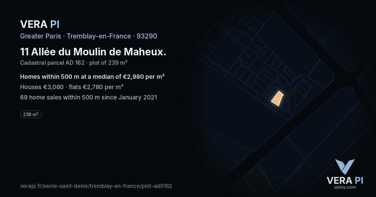 11 Allée du Moulin de Maheux, Tremblay-en-France at night – the plot lit, the parcels around coloured by the prices near them