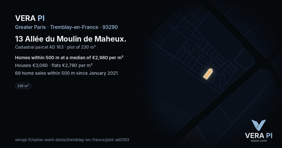 13 Allée du Moulin de Maheux, Tremblay-en-France at night – the plot lit, the parcels around coloured by the prices near them