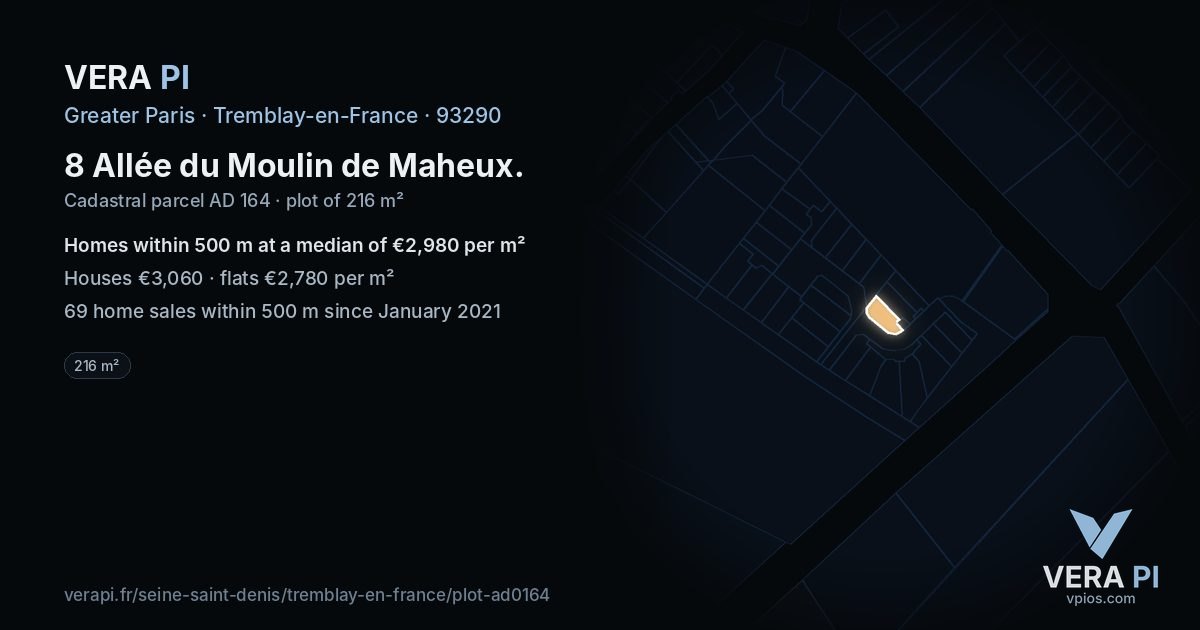 8 Allée du Moulin de Maheux, Tremblay-en-France at night – the plot lit, the parcels around coloured by the prices near them