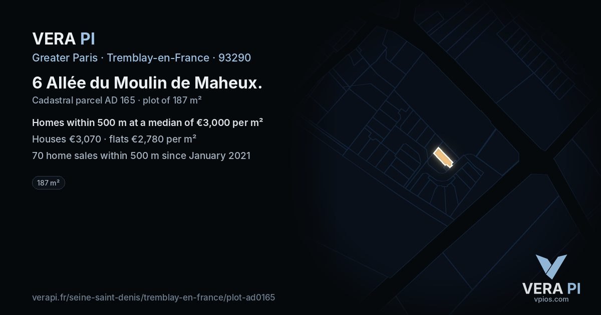 6 Allée du Moulin de Maheux, Tremblay-en-France at night – the plot lit, the parcels around coloured by the prices near them