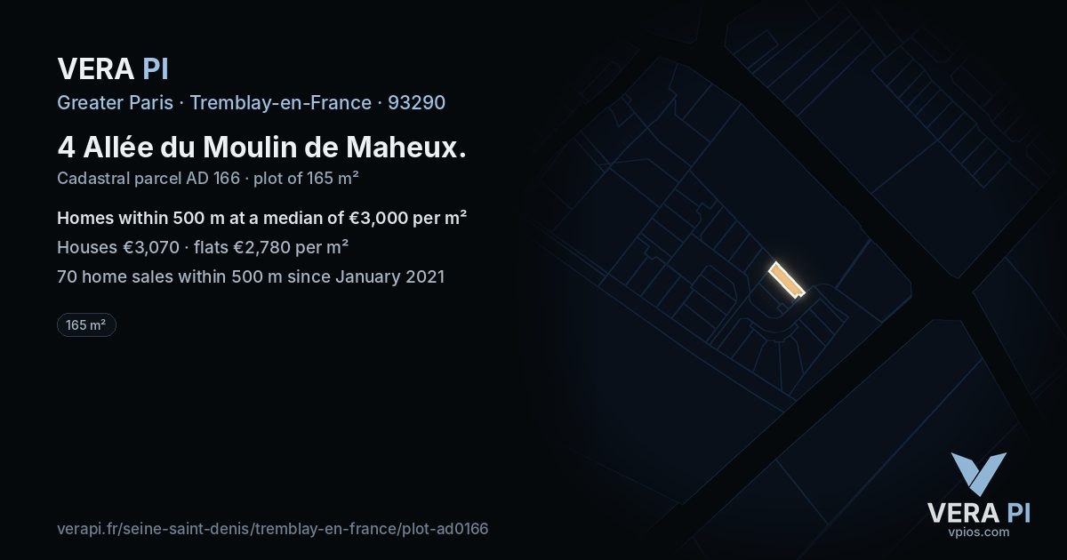4 Allée du Moulin de Maheux, Tremblay-en-France at night – the plot lit, the parcels around coloured by the prices near them