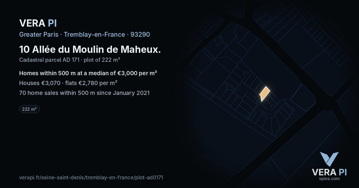 10 Allée du Moulin de Maheux, Tremblay-en-France at night – the plot lit, the parcels around coloured by the prices near them