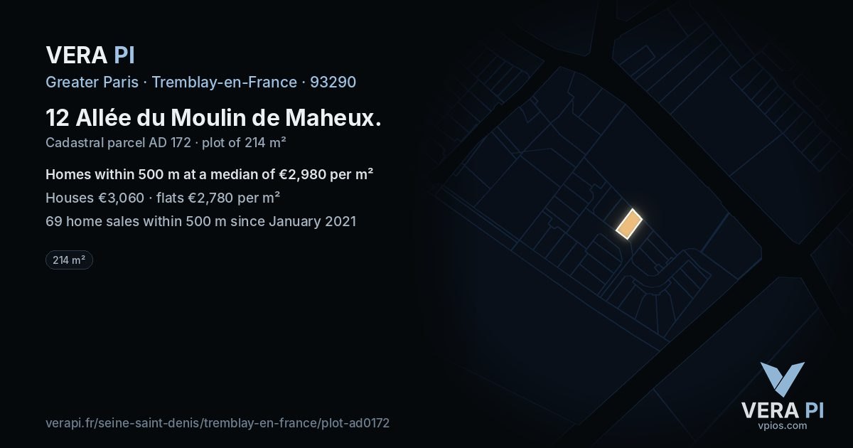 12 Allée du Moulin de Maheux, Tremblay-en-France at night – the plot lit, the parcels around coloured by the prices near them