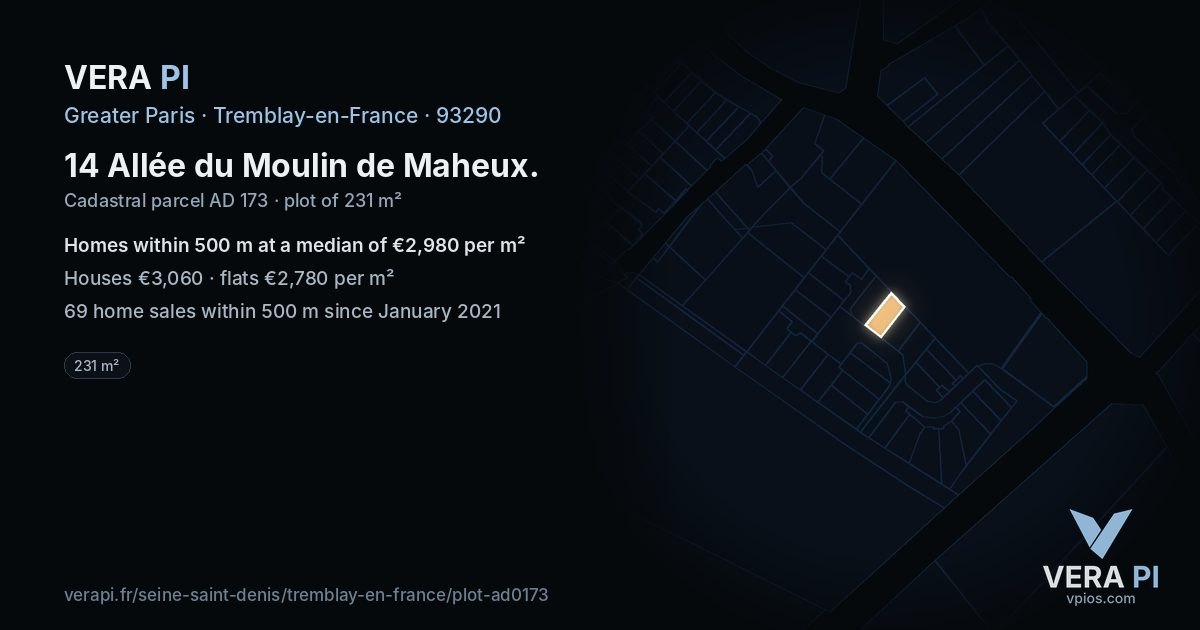 14 Allée du Moulin de Maheux, Tremblay-en-France at night – the plot lit, the parcels around coloured by the prices near them