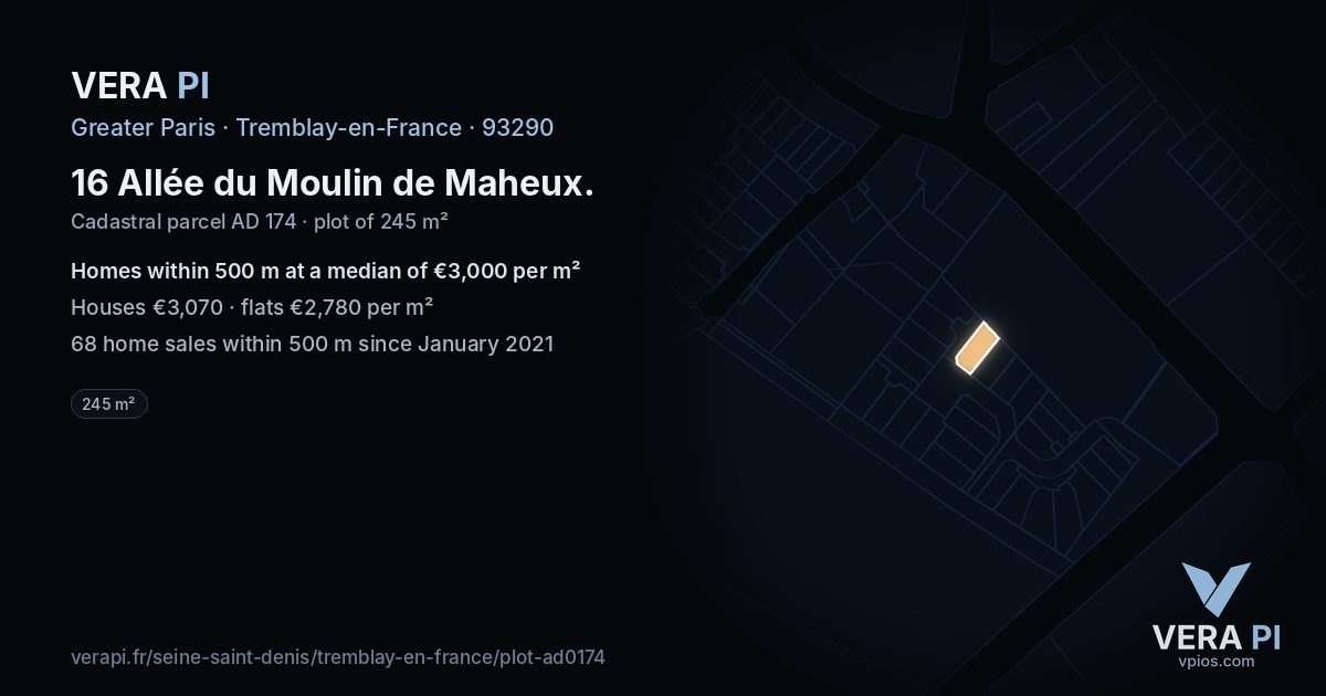 16 Allée du Moulin de Maheux, Tremblay-en-France at night – the plot lit, the parcels around coloured by the prices near them