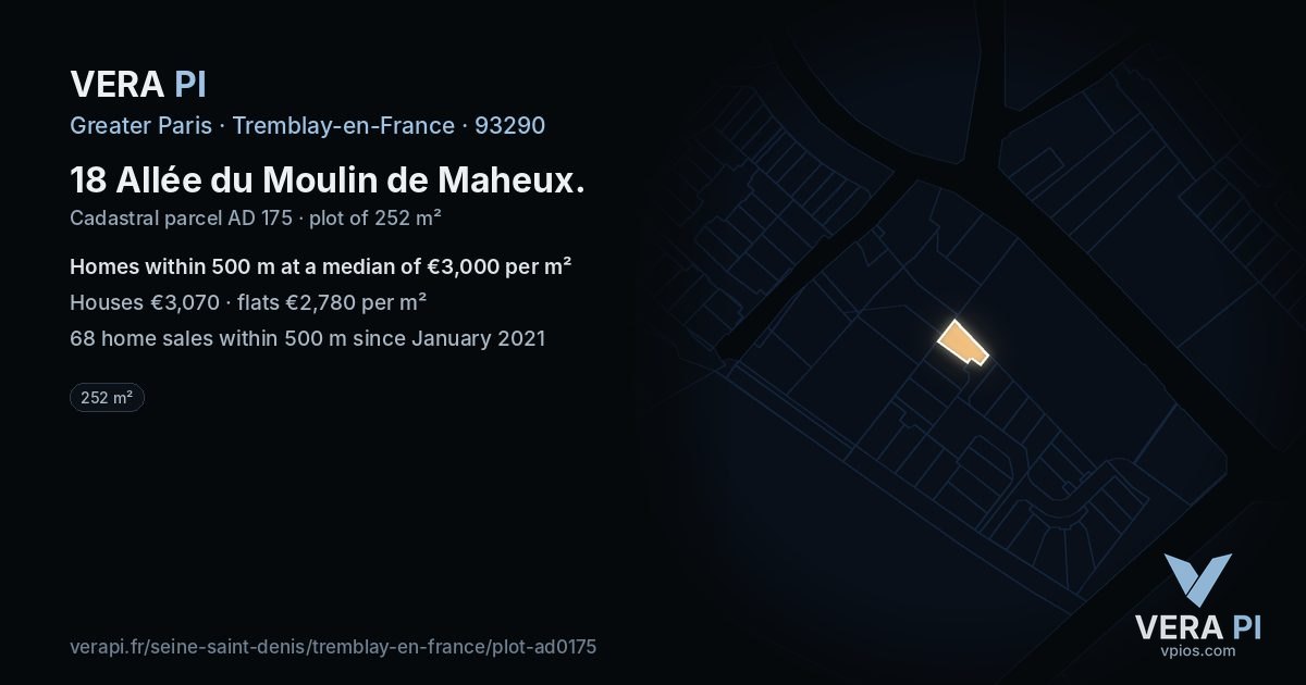 18 Allée du Moulin de Maheux, Tremblay-en-France at night – the plot lit, the parcels around coloured by the prices near them