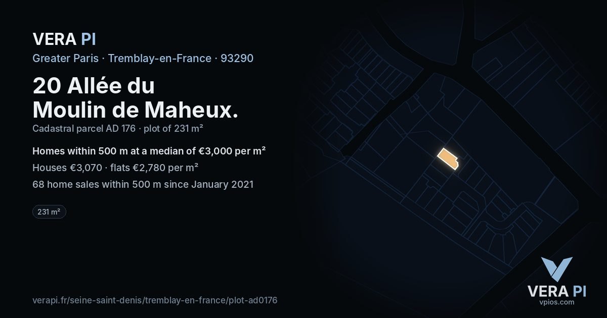 20 Allée du Moulin de Maheux, Tremblay-en-France at night – the plot lit, the parcels around coloured by the prices near them