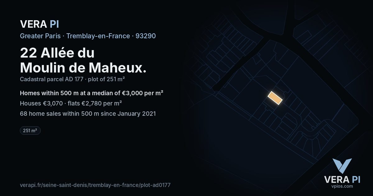 22 Allée du Moulin de Maheux, Tremblay-en-France at night – the plot lit, the parcels around coloured by the prices near them
