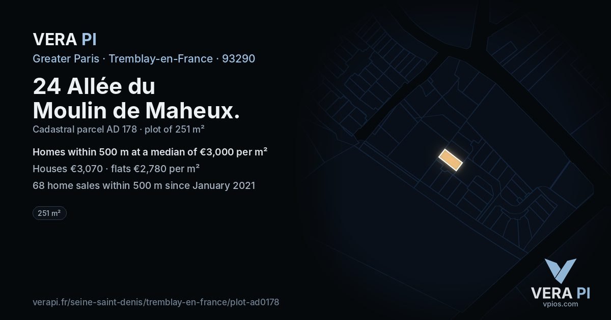 24 Allée du Moulin de Maheux, Tremblay-en-France at night – the plot lit, the parcels around coloured by the prices near them