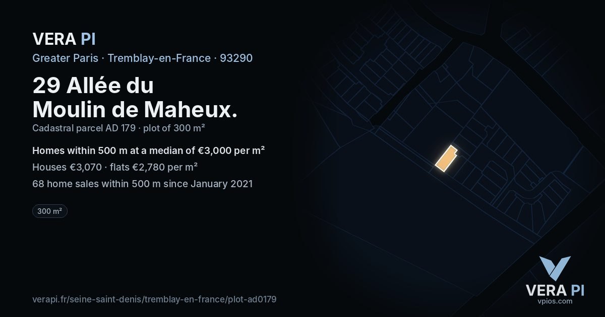 29 Allée du Moulin de Maheux, Tremblay-en-France at night – the plot lit, the parcels around coloured by the prices near them