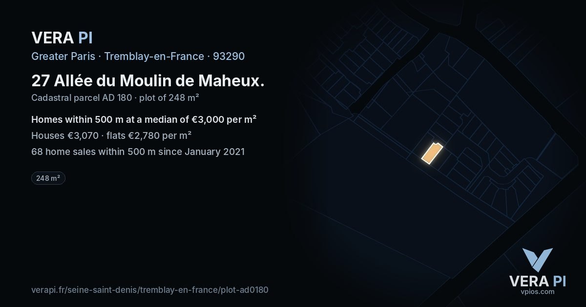 27 Allée du Moulin de Maheux, Tremblay-en-France at night – the plot lit, the parcels around coloured by the prices near them