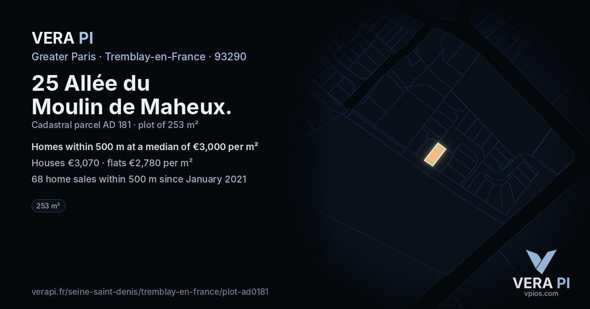 25 Allée du Moulin de Maheux, Tremblay-en-France at night – the plot lit, the parcels around coloured by the prices near them