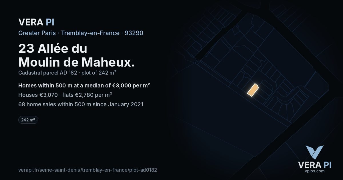 23 Allée du Moulin de Maheux, Tremblay-en-France at night – the plot lit, the parcels around coloured by the prices near them