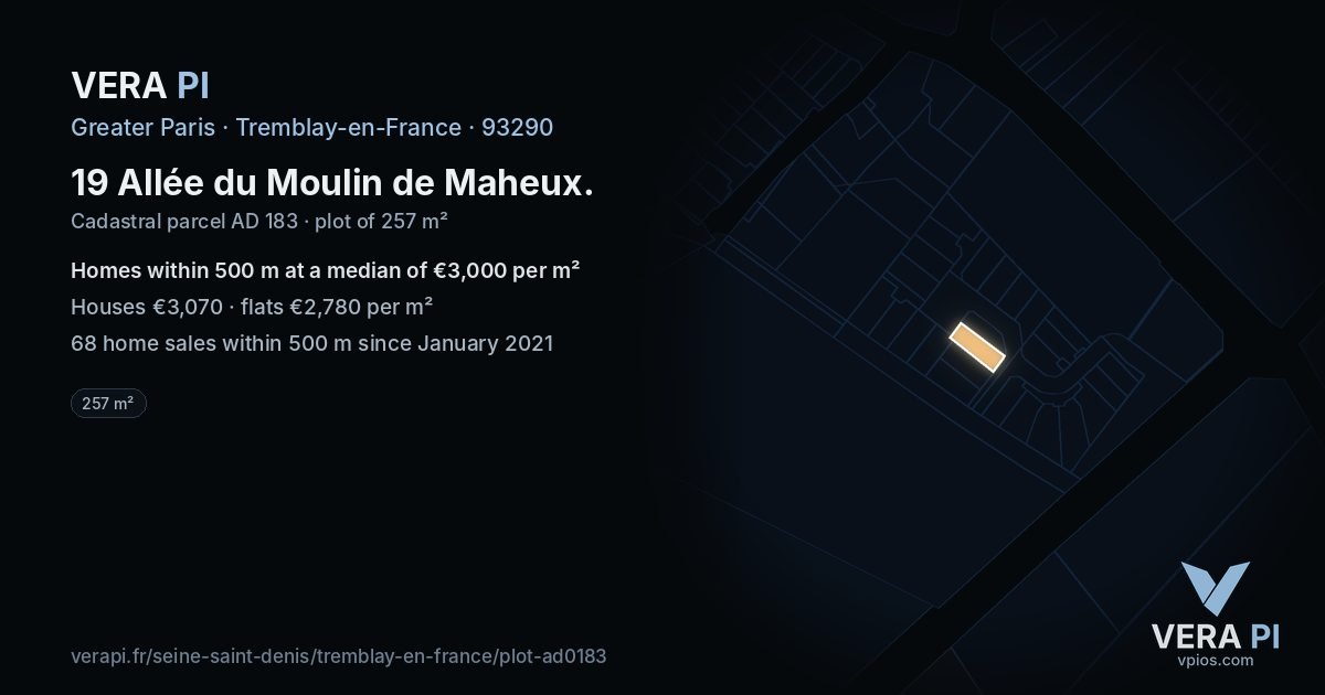 19 Allée du Moulin de Maheux, Tremblay-en-France at night – the plot lit, the parcels around coloured by the prices near them
