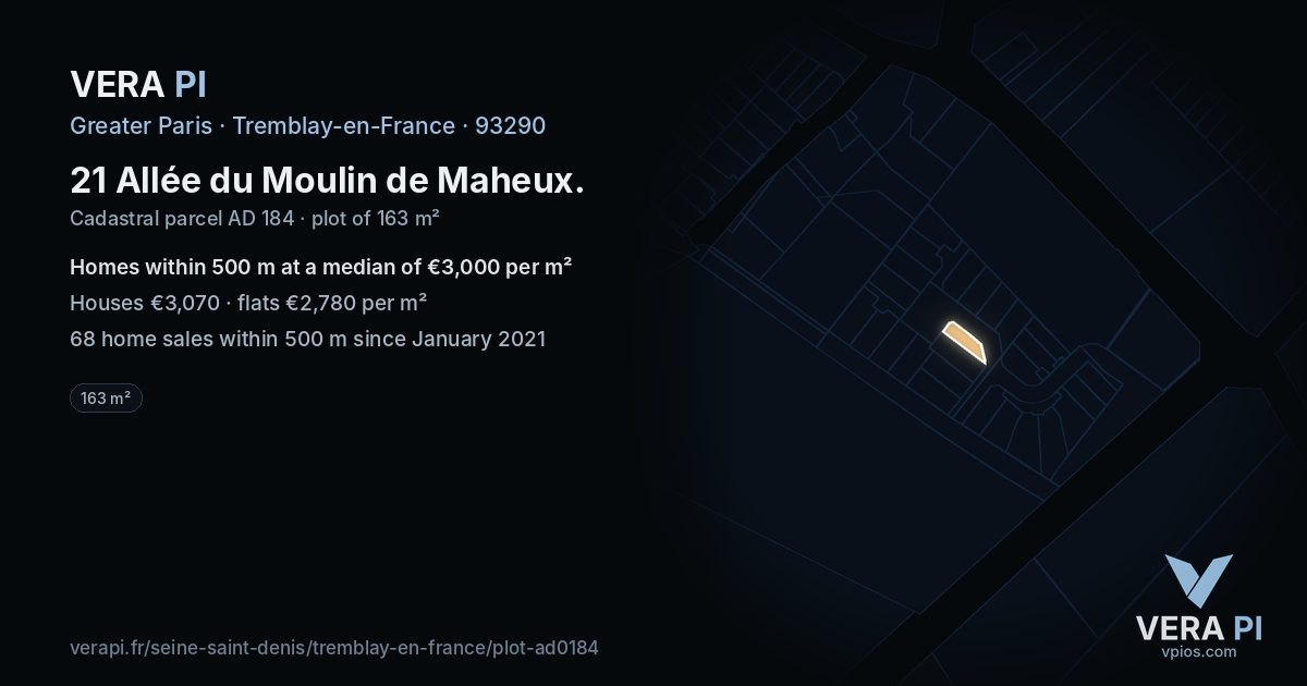 21 Allée du Moulin de Maheux, Tremblay-en-France at night – the plot lit, the parcels around coloured by the prices near them