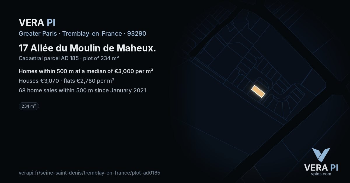 17 Allée du Moulin de Maheux, Tremblay-en-France at night – the plot lit, the parcels around coloured by the prices near them