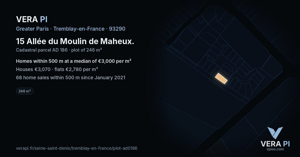 15 Allée du Moulin de Maheux, Tremblay-en-France at night – the plot lit, the parcels around coloured by the prices near them