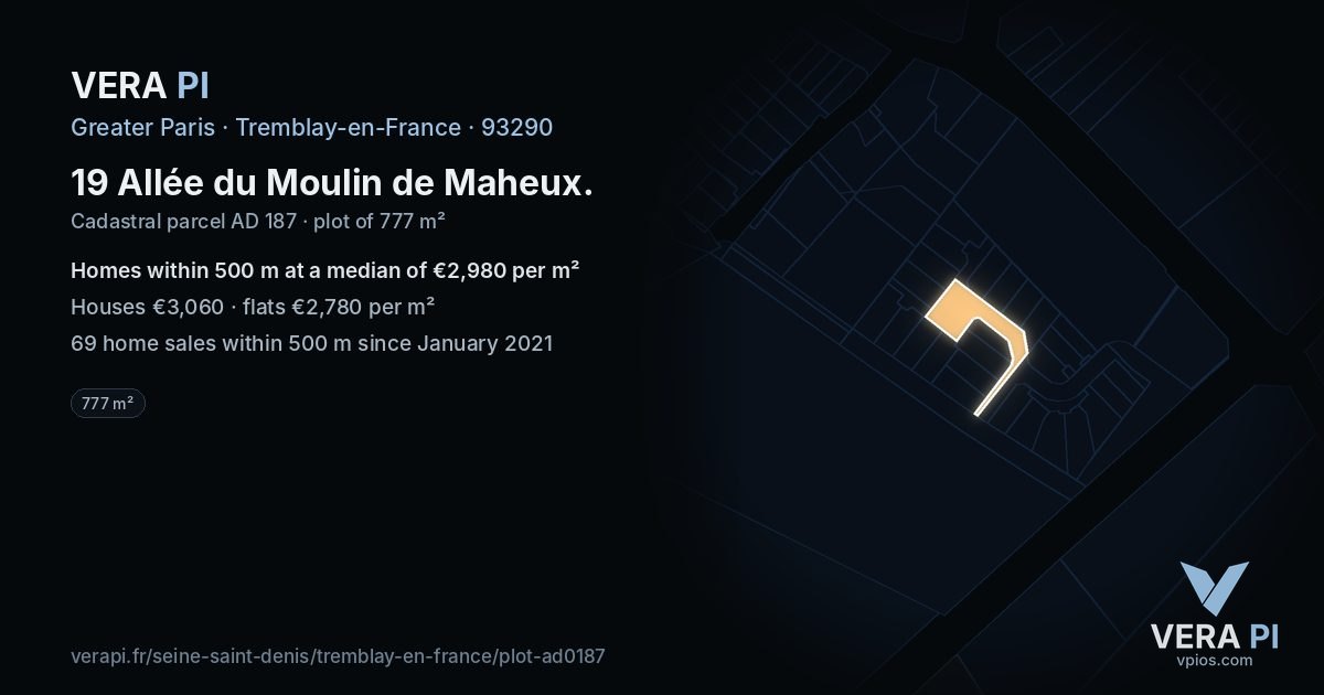 19 Allée du Moulin de Maheux, Tremblay-en-France at night – the plot lit, the parcels around coloured by the prices near them
