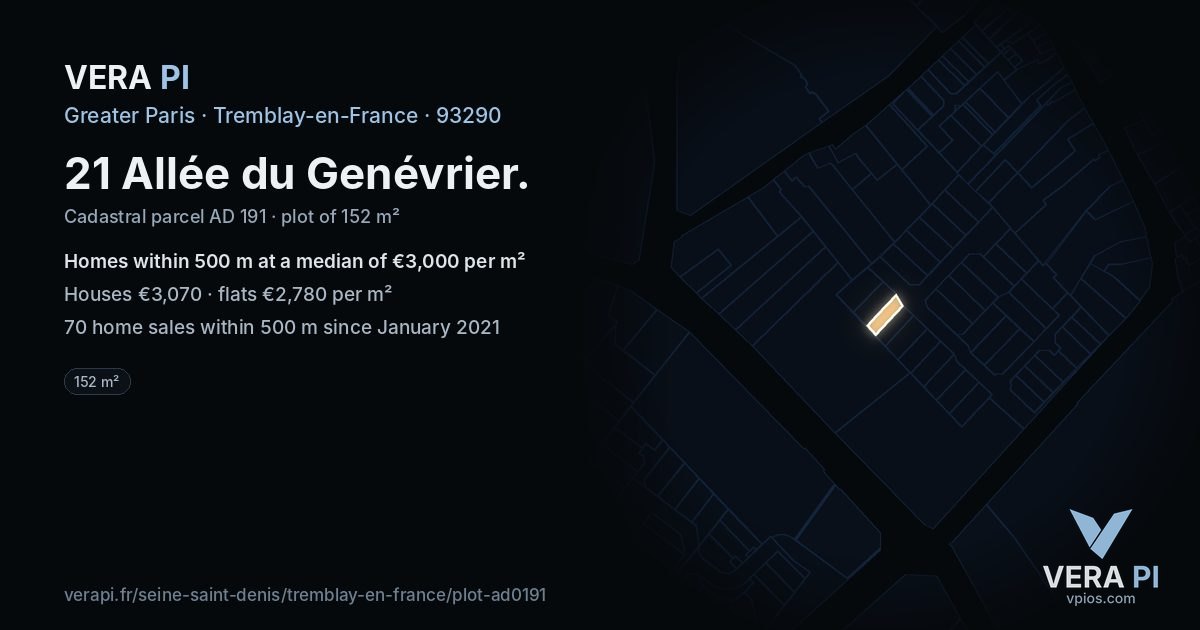 21 Allée du Genévrier, Tremblay-en-France at night – the plot lit, the parcels around coloured by the prices near them