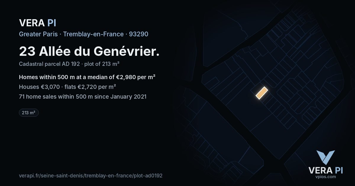 23 Allée du Genévrier, Tremblay-en-France at night – the plot lit, the parcels around coloured by the prices near them