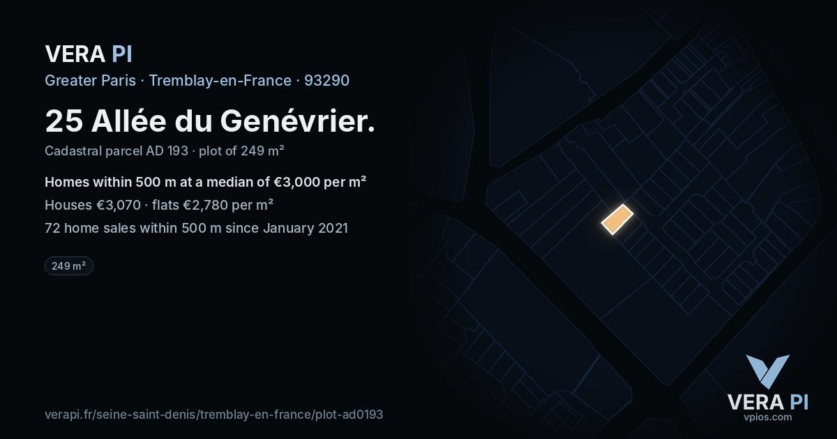 25 Allée du Genévrier, Tremblay-en-France at night – the plot lit, the parcels around coloured by the prices near them
